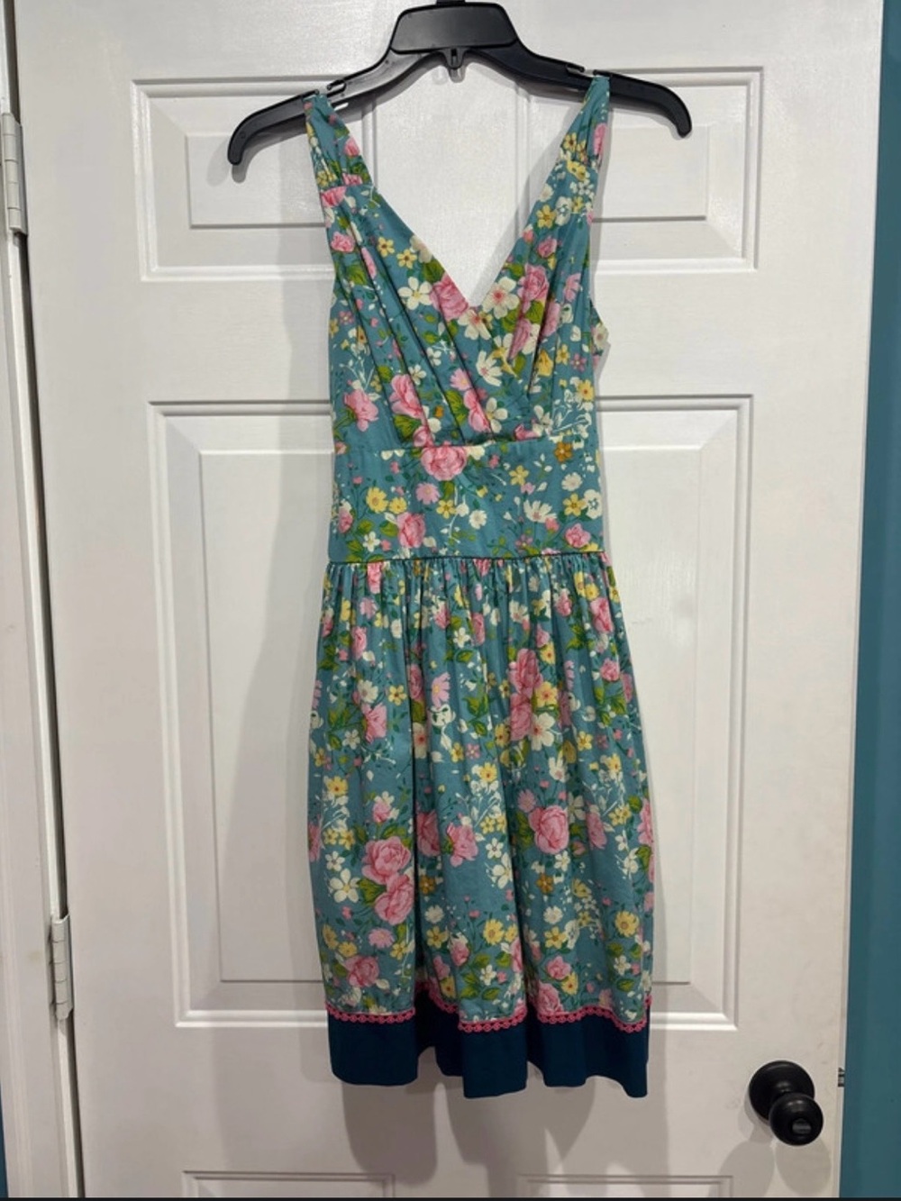 Matilda Jane Floral V-Neck Tea Dress in Teal with Pink Accents